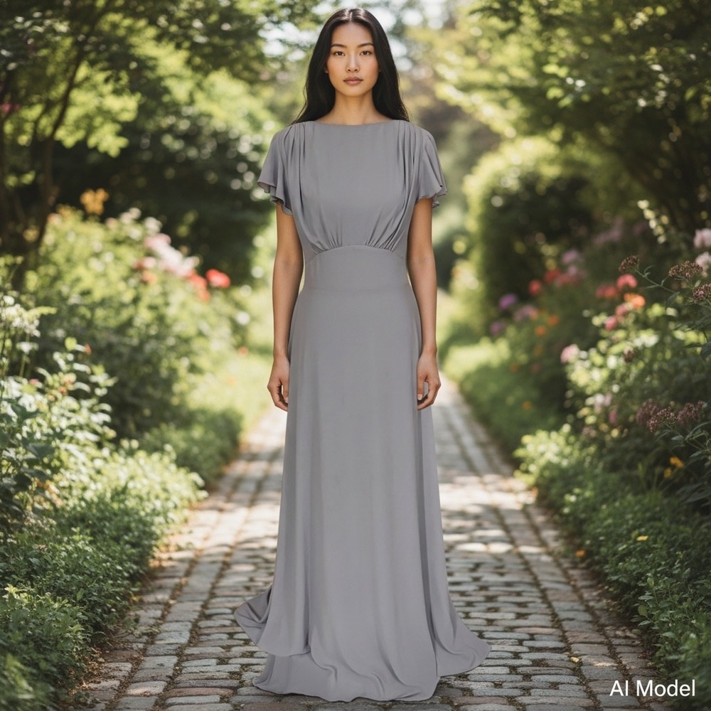 TFNC London Maxi Dress Women 10 Grey Cowl Back Flutter Sleeve Formal Gown